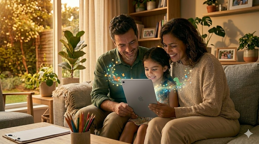 Família reunida no sofá aprendendo com tablet — Academia Universo Kids