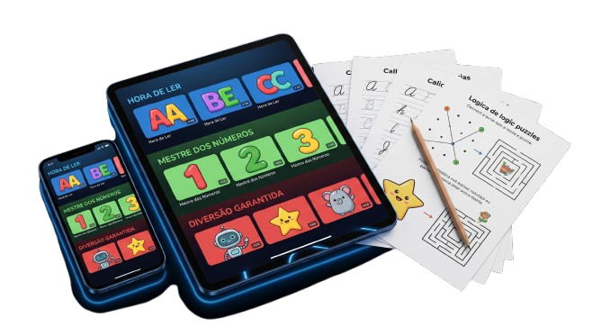 Interface da Academia Universo Kids com materiais de apoio impressos