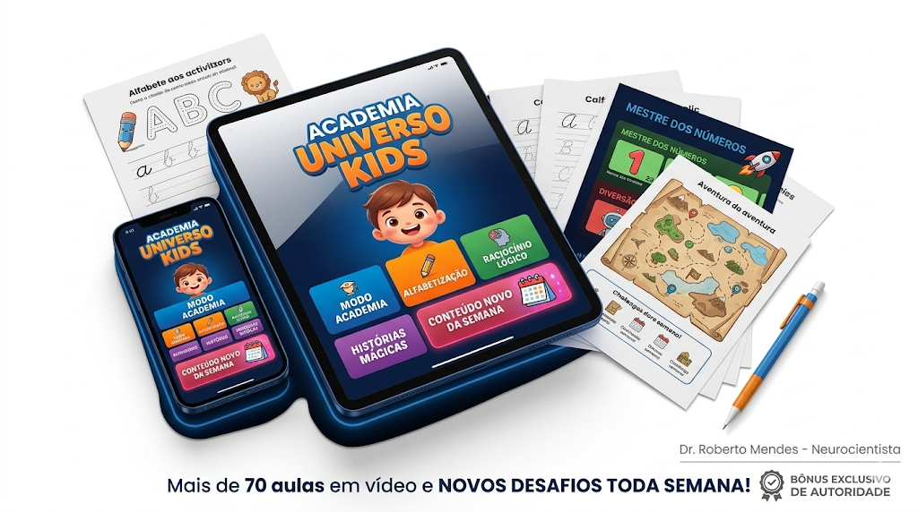 Mockup da Academia Universo Kids com materiais de apoio impressos